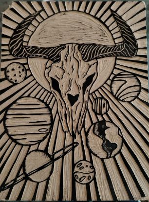 Imagen de Arte Xilografía, "Equilibrio Cósmico", cuadro decorativo, técnica de impresión con plancha de madera