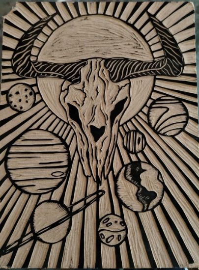 Imagen de Arte Xilografía, "Equilibrio Cósmico", cuadro decorativo, técnica de impresión con plancha de madera