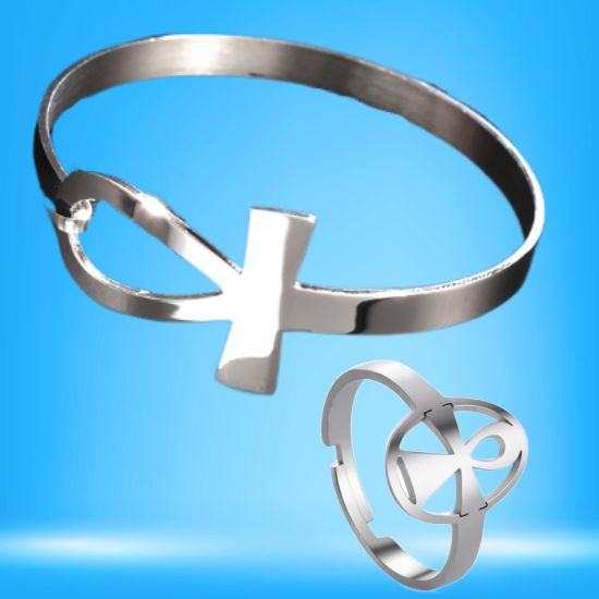 Imagen de 1 Brazalete o 1 Anillo o  1Juego (1 Brazalete + 1 Anillo ) de Cruz Egipcia o Llave de la Vida  ACERO INOXIDABLE Y AJUSTABLE C. Plata  Poderosa Proteccion ACTVADA  Talisman Protector Alta Durabilidad de Uso Rudo / 5 Modelos Para Escoger x12egip