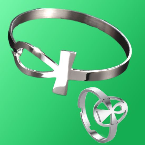 Imagen de 1 Brazalete o 1 Anillo o  1Juego (1 Brazalete + 1 Anillo ) de Cruz Egipcia o Llave de la Vida  ACERO INOXIDABLE Y AJUSTABLE C. Plata  Poderosa Proteccion ACTVADA  Talisman Protector Alta Durabilidad de Uso Rudo / 5 Modelos Para Escoger x12egip