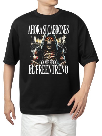 Imagen de Playera manga corta 100% algodón calacas chidas gym " Ya me pego el pre entreno" 