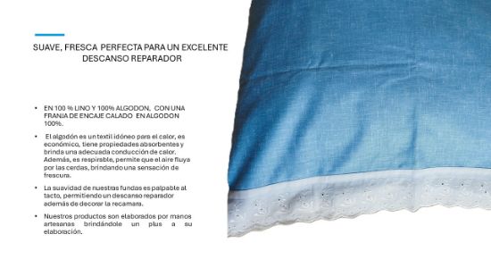 Imagen de FUNDA PARA ALMOHADA MATRIMONIAL 100% LINO Y 100 % ALGODON (AZUL -ENCAJE CALADO BLANCO)