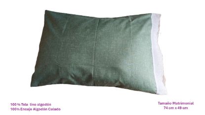 Imagen de FUNDA PARA ALMOHADA MATRIMONIAL 100% LINO Y 100 % ALGODON (VERDE OLIVO -ENCAJE CALADO BLANCO)