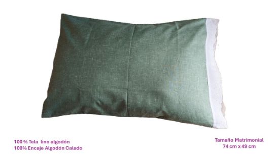 Imagen de FUNDA PARA ALMOHADA MATRIMONIAL 100% LINO Y 100 % ALGODON (VERDE OLIVO -ENCAJE CALADO BLANCO)