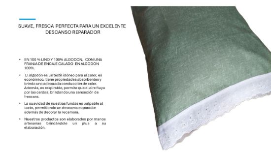 Imagen de FUNDA PARA ALMOHADA MATRIMONIAL 100% LINO Y 100 % ALGODON (VERDE OLIVO -ENCAJE CALADO BLANCO)