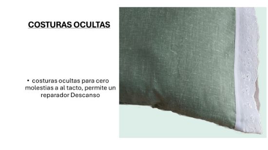 Imagen de FUNDA PARA ALMOHADA MATRIMONIAL 100% LINO Y 100 % ALGODON (VERDE OLIVO -ENCAJE CALADO BLANCO)