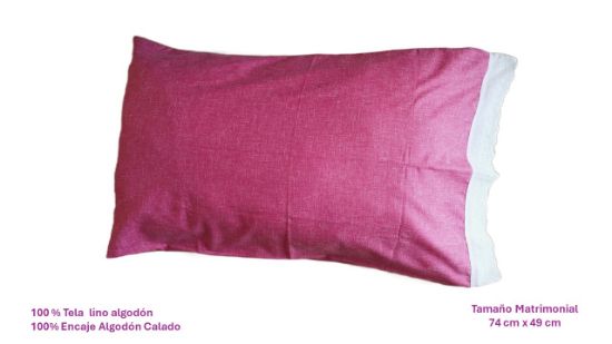 Imagen de FUNDA PARA ALMOHADA MATRIMONIAL 100% LINO Y 100 % ALGODON (VERDE ROJO MARMOL -ENCAJE CALADO BLANCO)