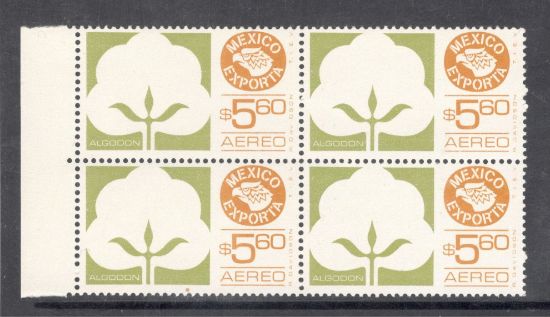 Imagen de SERIE MÉXICO EXPORTA BLOCK DE 4 ALGODÓN PRIMERA SERIE GOMA BRILLANTE FOSFORECENTE $5.60 AÉREO