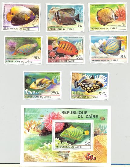 Imagen de ESTAMPILLAS DE ZAIRE AFRICA SERIE PECES CON HOJITA SOUVENIR 1980