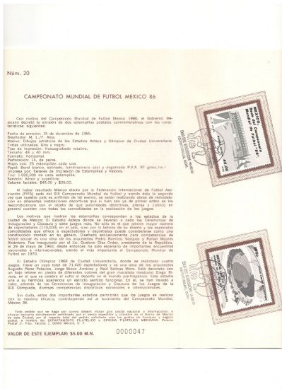 Imagen de HOJA CARNET PRIMER DÍA 1985 ESTAMPILLAS PRE MUNDIAL FÚTBOL MÉXICO 86 ESTADIOS AZTECA Y CU