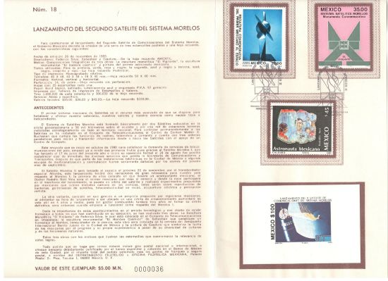 Imagen de HOJA CARNET PRIMER DÍA 1985 ESTAMPILLAS SATÉLITE MORELOS Y PRIMER ASTRONAUTA MEXICANO NERI VELA 