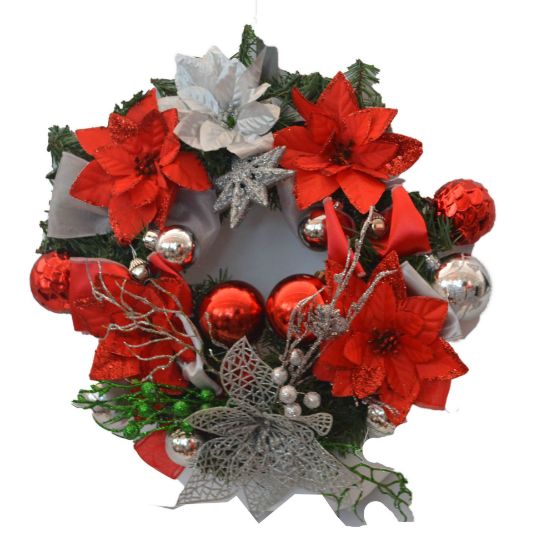 Imagen de Corona navideña color rojo con plateado