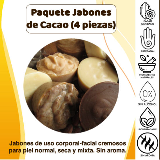 Imagen de Jabones Artesanales de Cacao Mexicano (Paquete de 4 piezas de 90g c/u)