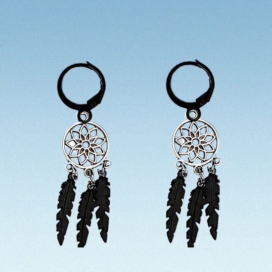 Imagen de + de 10 Modelos y Combinaciones de Colores de 1 Par de Atrapasueños Color Plata  Alta Durabilidad en Arracaditas Color Negro para Escoger x1