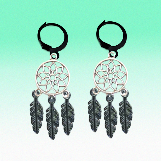 Imagen de + de 10 Modelos y Combinaciones de Colores de 1 Par de Atrapasueños Color Plata  Alta Durabilidad en Arracaditas Color Negro para Escoger x1