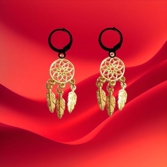 Imagen de + de 10 Modelos y Combinaciones de Colores de 1 Par de Atrapasueños Color Dorado Alta Durabilidad en Arracaditas Color Negro para Escoger x1