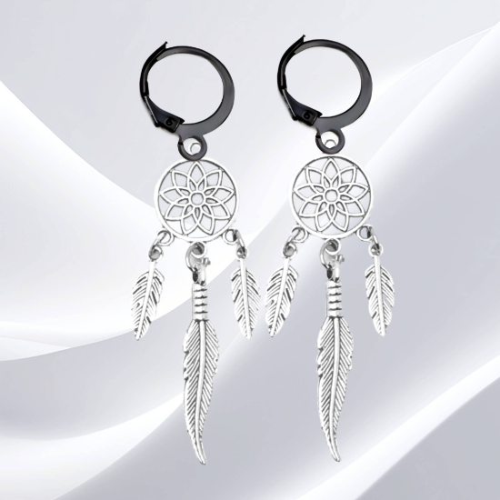 Imagen de 1 Par de Atrapasueños Color Plata  Alta Durabilidad en Arracaditas Negras de Acero Inoxidable para Escoger x1