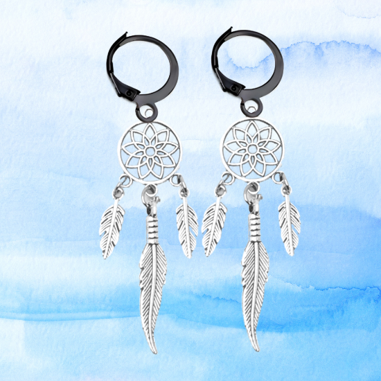 Imagen de 1 Par de Atrapasueños Color Plata  Alta Durabilidad en Arracaditas Negras de Acero Inoxidable para Escoger x1