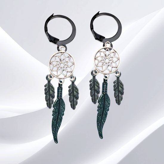 Imagen de 1 Par de Atrapasueños Color Plata  Alta Durabilidad en Arracaditas Negras de Acero Inoxidable para Escoger x1