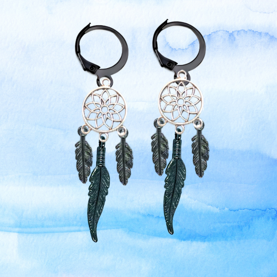 Imagen de 1 Par de Atrapasueños Color Plata  Alta Durabilidad en Arracaditas Negras de Acero Inoxidable para Escoger x1