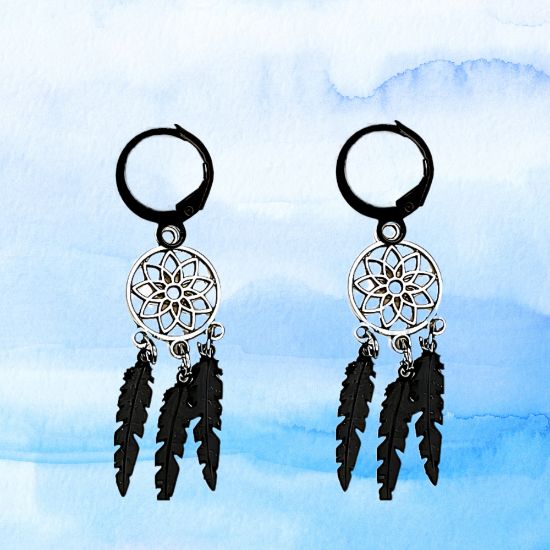 Imagen de 1 Par de Atrapasueños Color Plata  Alta Durabilidad en Arracaditas Negras de Acero Inoxidable para Escoger x1