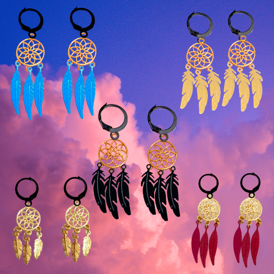 Imagen de + de 10 Modelos y Combinaciones de Colores de 1 Par de Atrapasueños Color Dorado Alta Durabilidad en Arracaditas Color Negro para Escoger x1