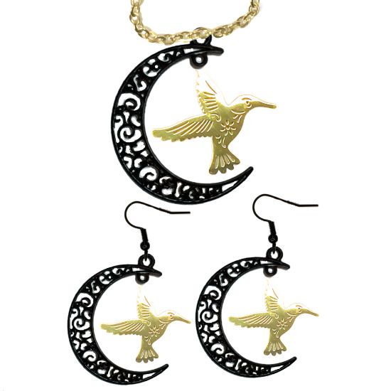 Imagen de Hermoso Colibri Acero Inoxidable Alta Durabilidad en Luna Creciente Negra 41x31mm en Aretes, Collar o Juego (Aretes+Collar)+9 Combinaciones y Modelos para Escoger x1col
