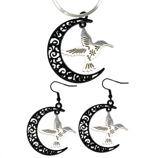Imagen de Hermoso Colibri Acero Inoxidable Alta Durabilidad en Luna Creciente Negra 41x31mm en Aretes, Collar o Juego (Aretes+Collar)+9 Combinaciones y Modelos para Escoger x1col