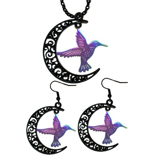 Imagen de Hermoso Colibri Acero Inoxidable Alta Durabilidad en Luna Creciente Negra 41x31mm en Aretes, Collar o Juego (Aretes+Collar)+9 Combinaciones y Modelos para Escoger x1col