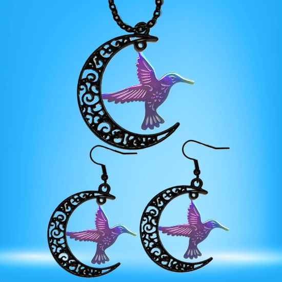 Imagen de Hermoso Colibri Acero Inoxidable Alta Durabilidad en Luna Creciente Negra 41x31mm en Aretes, Collar o Juego (Aretes+Collar)+9 Combinaciones y Modelos para Escoger x1col