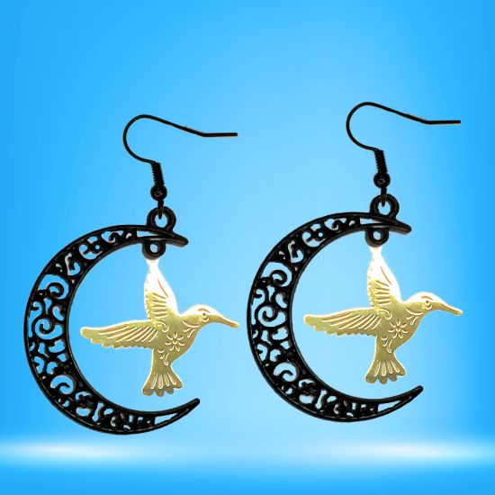 Imagen de Hermoso Colibri Acero Inoxidable Alta Durabilidad en Luna Creciente Negra 41x31mm en Aretes, Collar o Juego (Aretes+Collar)+9 Combinaciones y Modelos para Escoger x1col