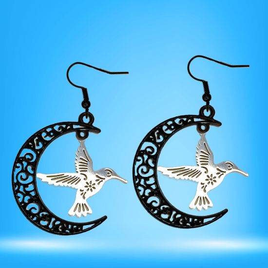 Imagen de Hermoso Colibri Acero Inoxidable Alta Durabilidad en Luna Creciente Negra 41x31mm en Aretes, Collar o Juego (Aretes+Collar)+9 Combinaciones y Modelos para Escoger x1col