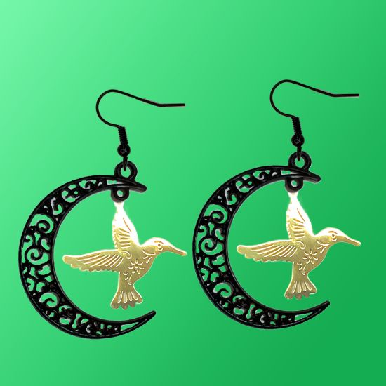 Imagen de Hermoso Colibri Acero Inoxidable Alta Durabilidad en Luna Creciente Negra 41x31mm en Aretes, Collar o Juego (Aretes+Collar)+9 Combinaciones y Modelos para Escoger x1col