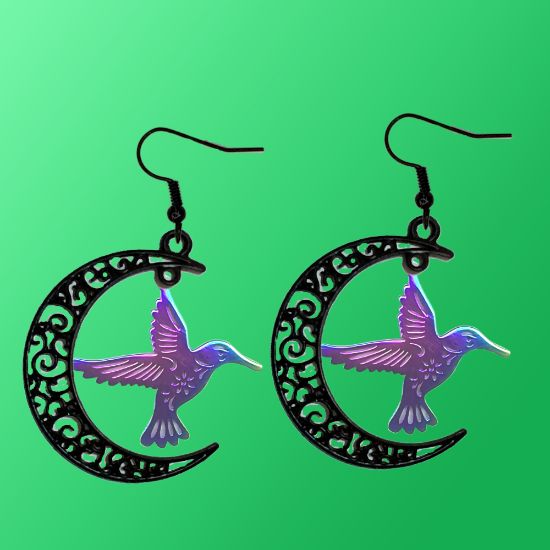 Imagen de Hermoso Colibri Acero Inoxidable Alta Durabilidad en Luna Creciente Negra 41x31mm en Aretes, Collar o Juego (Aretes+Collar)+9 Combinaciones y Modelos para Escoger x1col