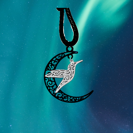 Imagen de Hermoso Colibri Silueta Grande Alta Durabilidad en Luna Creciente Negra 41x31mm en Aretes, Collar o Juego (Aretes+Collar)+9 Combinaciones y Modelos para Escoger x1col