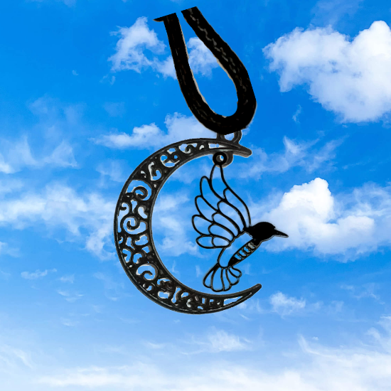 Imagen de Hermoso Colibri Silueta Grande Alta Durabilidad en Luna Creciente Negra 41x31mm en Aretes, Collar o Juego (Aretes+Collar)+9 Combinaciones y Modelos para Escoger x1col