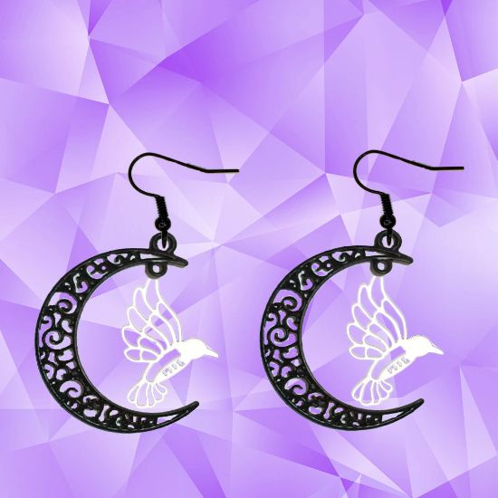 Imagen de Hermoso Colibri Silueta Grande Alta Durabilidad en Luna Creciente Negra 41x31mm en Aretes, Collar o Juego (Aretes+Collar)+9 Combinaciones y Modelos para Escoger x1col