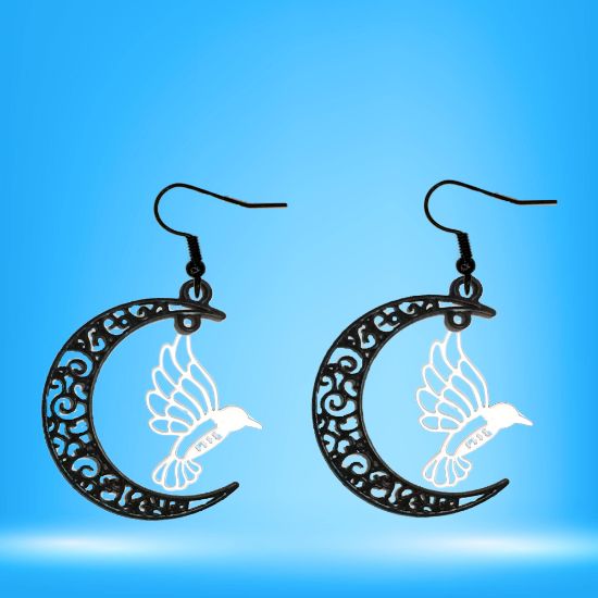 Imagen de Hermoso Colibri Silueta Grande Alta Durabilidad en Luna Creciente Negra 41x31mm en Aretes, Collar o Juego (Aretes+Collar)+9 Combinaciones y Modelos para Escoger x1col