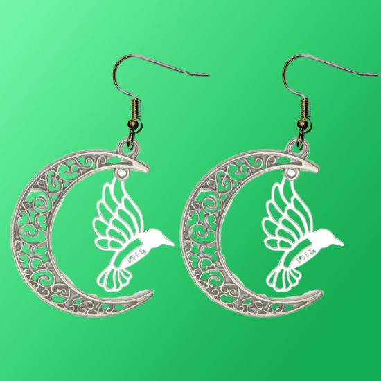 Imagen de Hermoso Colibri Silueta Grande Alta Durabilidad en Luna Creciente Negra 41x31mm en Aretes, Collar o Juego (Aretes+Collar)+9 Combinaciones y Modelos para Escoger x1col