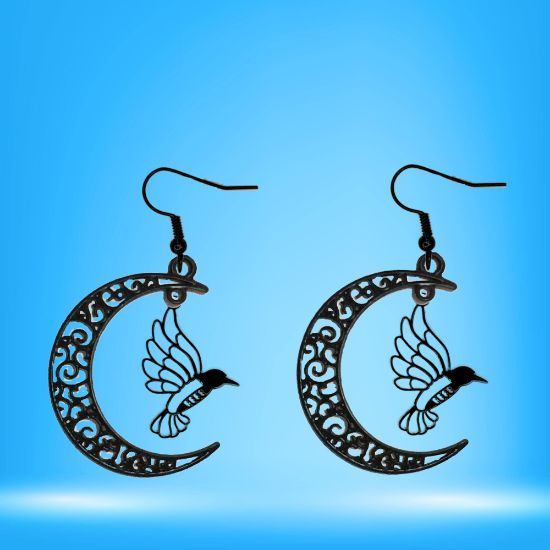 Imagen de Hermoso Colibri Silueta Grande Alta Durabilidad en Luna Creciente Negra 41x31mm en Aretes, Collar o Juego (Aretes+Collar)+9 Combinaciones y Modelos para Escoger x1col