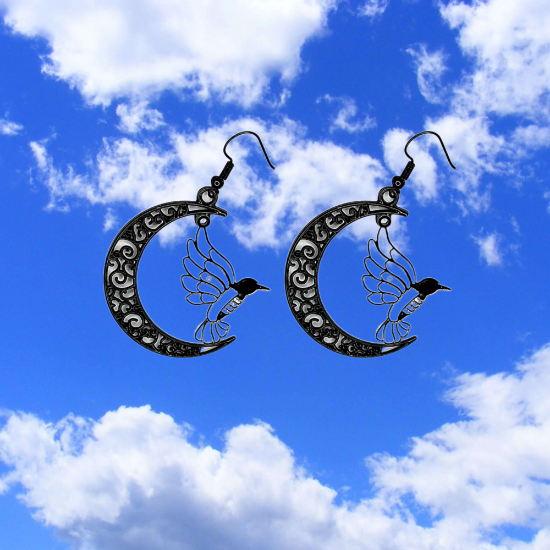 Imagen de Hermoso Colibri Silueta Grande Alta Durabilidad en Luna Creciente Negra 41x31mm en Aretes, Collar o Juego (Aretes+Collar)+9 Combinaciones y Modelos para Escoger x1col