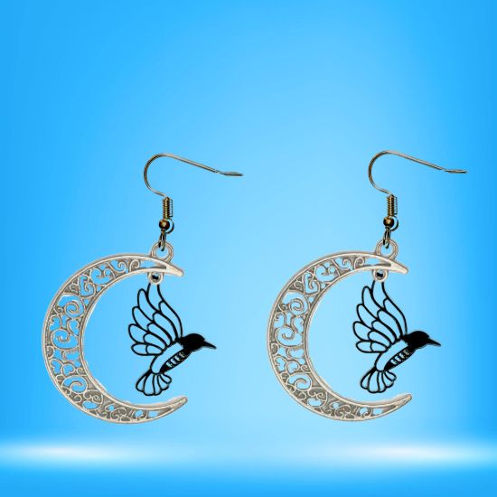 Imagen de Hermoso Colibri Silueta Grande Alta Durabilidad en Luna Creciente Negra 41x31mm en Aretes, Collar o Juego (Aretes+Collar)+9 Combinaciones y Modelos para Escoger x1col