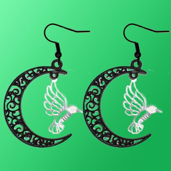 Imagen de Hermoso Colibri Silueta Grande Alta Durabilidad en Luna Creciente Negra 41x31mm en Aretes, Collar o Juego (Aretes+Collar)+9 Combinaciones y Modelos para Escoger x1col