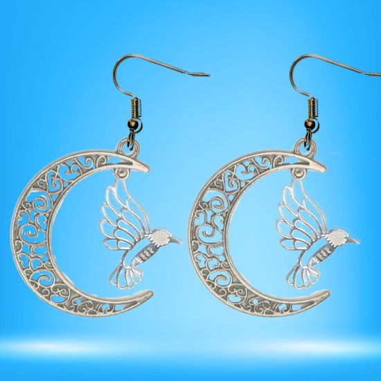 Imagen de Hermoso Colibri Silueta Grande Alta Durabilidad en Luna Creciente Negra 41x31mm en Aretes, Collar o Juego (Aretes+Collar)+9 Combinaciones y Modelos para Escoger x1col