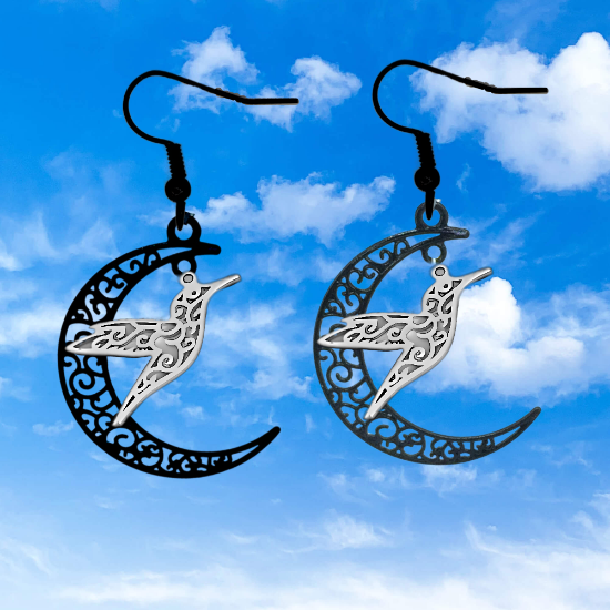 Imagen de Hermoso Colibri Silueta Grande Alta Durabilidad en Luna Creciente Negra 41x31mm en Aretes, Collar o Juego (Aretes+Collar)+9 Combinaciones y Modelos para Escoger x1col