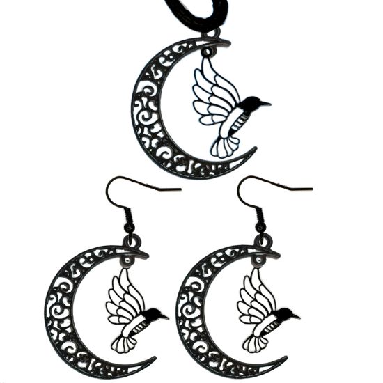 Imagen de Hermoso Colibri Silueta Grande Alta Durabilidad en Luna Creciente Negra 41x31mm en Aretes, Collar o Juego (Aretes+Collar)+9 Combinaciones y Modelos para Escoger x1col