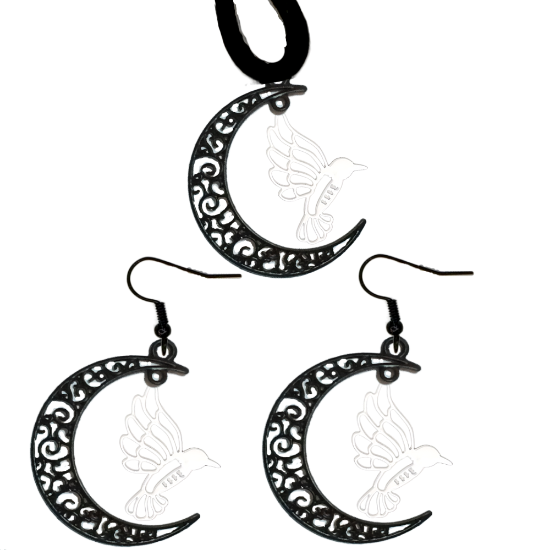 Imagen de Hermoso Colibri Silueta Grande Alta Durabilidad en Luna Creciente Negra 41x31mm en Aretes, Collar o Juego (Aretes+Collar)+9 Combinaciones y Modelos para Escoger x1col