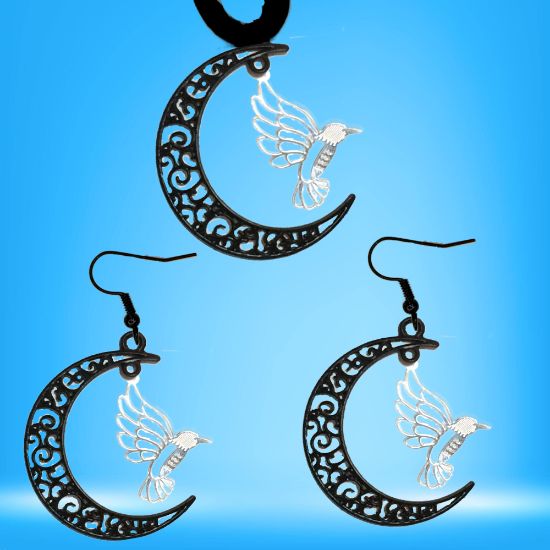 Imagen de Hermoso Colibri Silueta Grande Alta Durabilidad en Luna Creciente Negra 41x31mm en Aretes, Collar o Juego (Aretes+Collar)+9 Combinaciones y Modelos para Escoger x1col