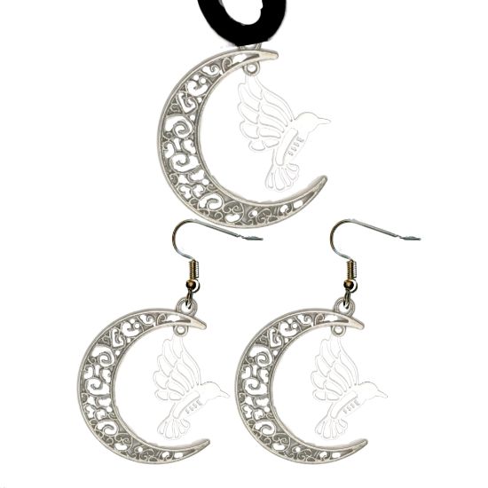 Imagen de Hermoso Colibri Silueta Grande Alta Durabilidad en Luna Creciente Negra 41x31mm en Aretes, Collar o Juego (Aretes+Collar)+9 Combinaciones y Modelos para Escoger x1col