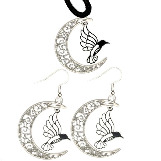 Imagen de Hermoso Colibri Silueta Grande Alta Durabilidad en Luna Creciente Negra 41x31mm en Aretes, Collar o Juego (Aretes+Collar)+9 Combinaciones y Modelos para Escoger x1col